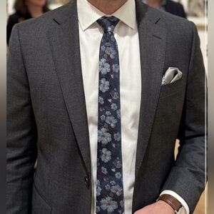 Burton Menswear London Navy & Grey Detailed Floral Skinny Tie-Exquisite Pattern